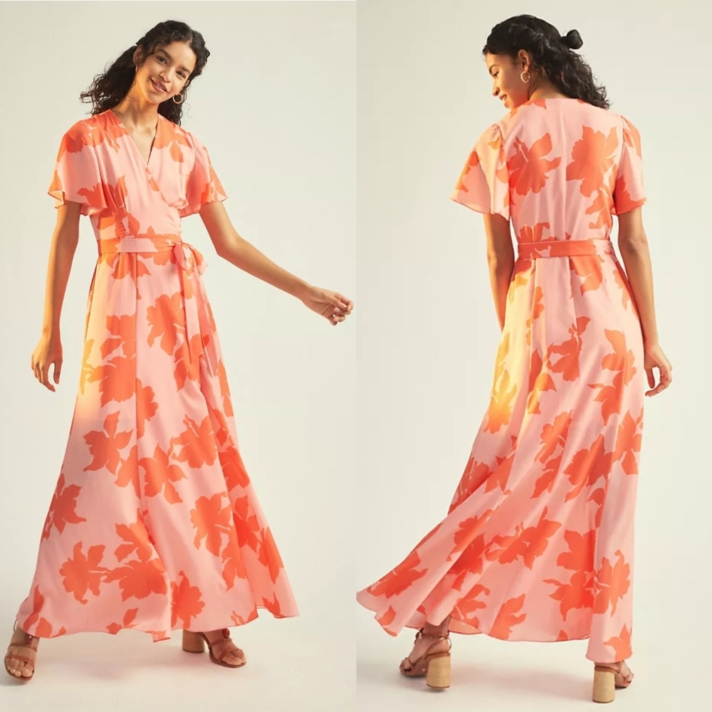 Floral Wrap Maxi Dress in Pink and Orange